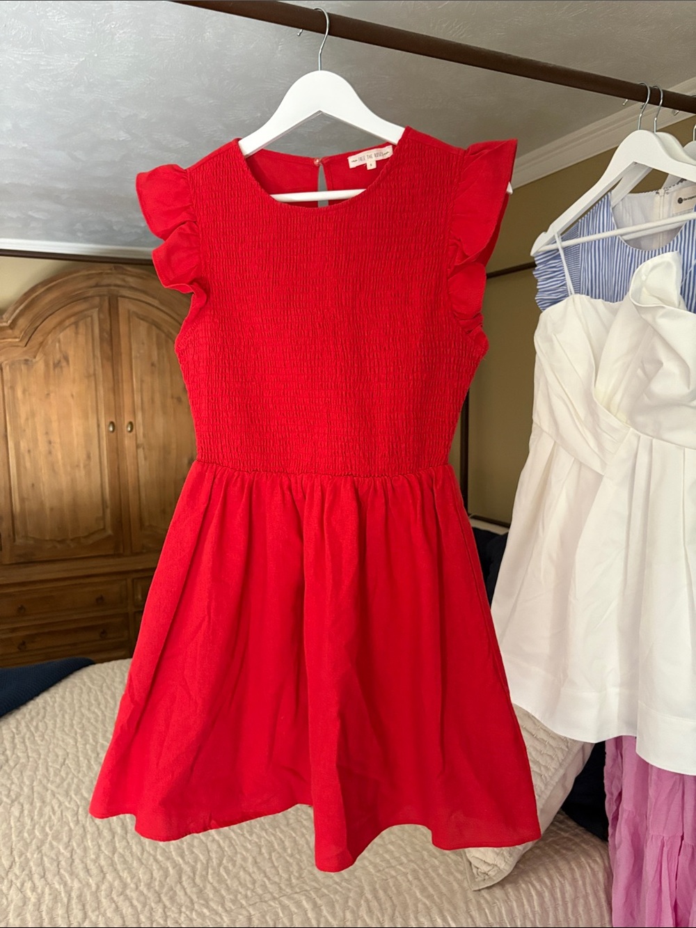 Free the Roses Red Smocked Bodice Flutter Sleeve Dress